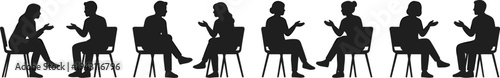 Conversation silhouettes illustration people sitting pairs communication dialogue interview discussion concept, flat vector illustration