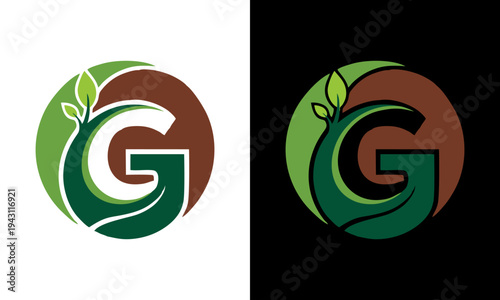 Green logo design with leaf on white and black backgrounds showcased