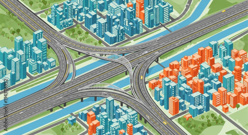 Aerial View of a Complex Highway Interchange in a City.
