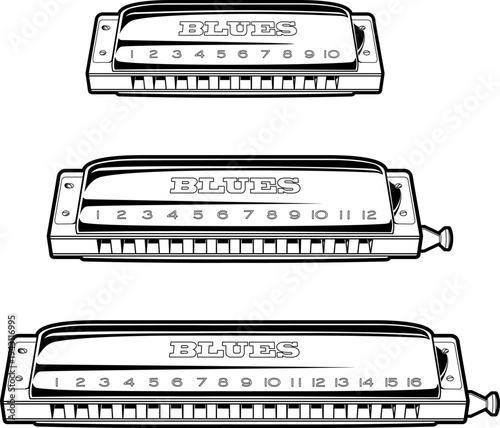 Black line illustration of three harmonicas, both diatonic and chromatic, in 10, 12, and 16 hole configurations.