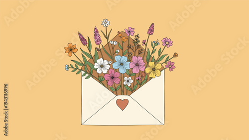 Romantic envelope spilling over with a variety of colorful wildflowers and greenery, set against a warm yellow background with a heart.