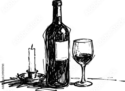 Wine bottle and glass with lit candle in black and white sketch