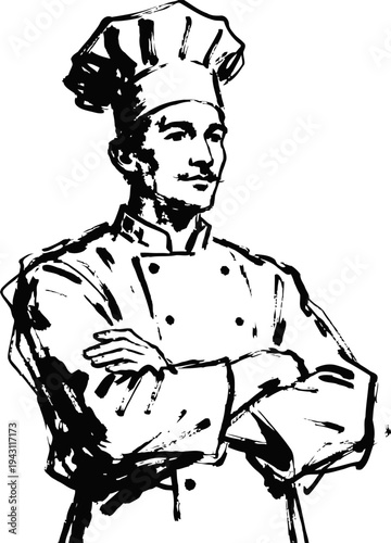 Confident male chef in classic uniform with toque and crossed arms illustration