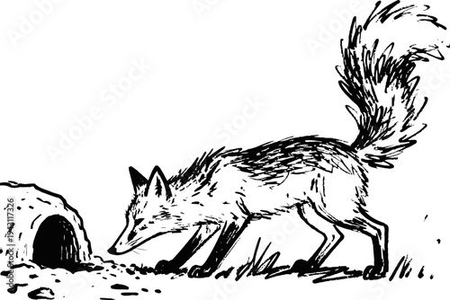Fox sniffing near entrance of underground burrow in black and white sketch illustration