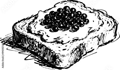 Slice of bread with creamy spread topped with small round berries or caviar, ink sketch illustration