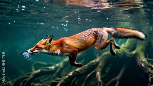 A Fox Swimming Underwater in a Lush Forest