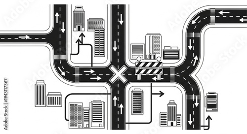 Cityscape Illustration with Roads, Buildings, and Traffic Flow.