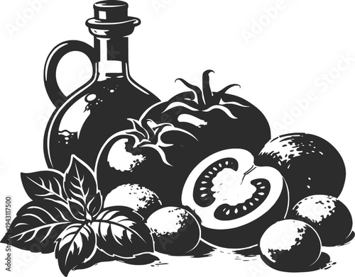 Olive Oil Bottle with Tomatoes and Basil Illustration, Fresh Mediterranean Ingredients Line Art.