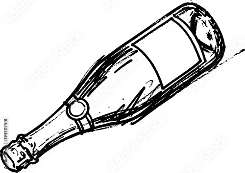 Vintage champagne bottle illustration with blank label, cork sealed, detailed engraving