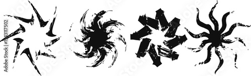 abstract black ink splatter shapes with dynamic swirling starburst and spiral patterns