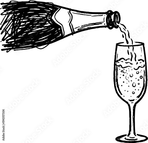 Hand drawn champagne bottle pouring sparkling wine into a tall glass with bubbles illustration