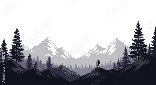 Mountain Landscape with Silhouetted Trees.
