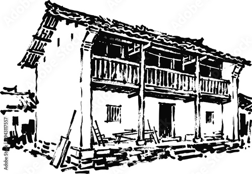 Traditional two story rural house with wooden balcony and stone foundation sketch