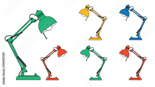 Diverse collection of colorful adjustable desk lamps in various sizes and shades for office and study lighting.
