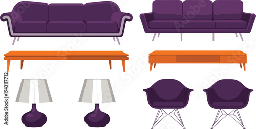 Modern living room furniture collection vector set, sofa table lamp chair illustration, home interior design elements, isolated flat style