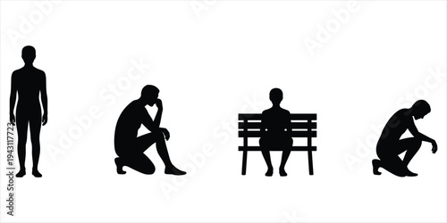 Silhouettes of four men in different contemplative or sad poses on white background vector illustration