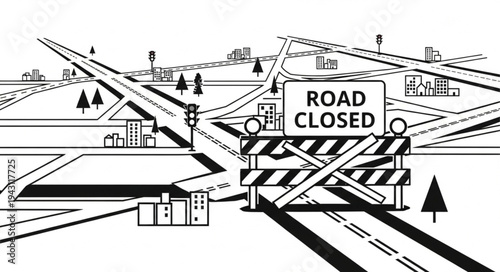 Road Closed Barrier on Highway Illustration.