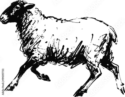 black and white sketch of a running sheep with textured wool and dynamic pose