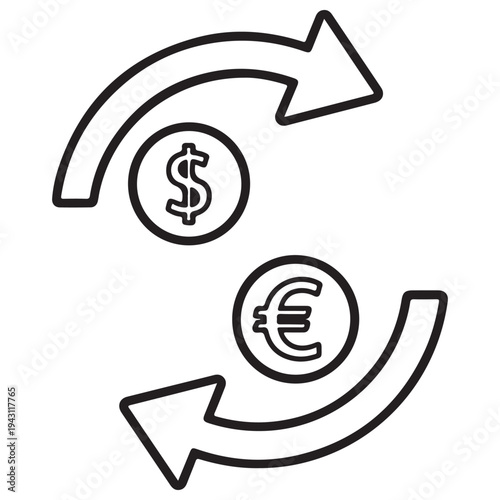 Currency exchange icon featuring dollar and euro symbols representing international money transfer and foreign exchange services in a minimalist black outline design for financial apps.