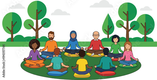 Diverse group of people meditating outdoors in a circle.