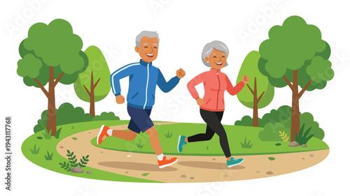 Happy senior couple jogging together in a park enjoying an active and healthy lifestyle.