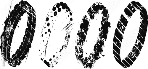 Vintage distressed tires silhouettes set old grunge car wheels outlines with different worn tread patterns