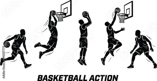 Basketball action silhouettes illustration players dribbling dunking shooting defending athletic sports concept, flat vector illustration