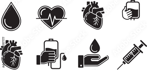 A set of vector line art silhouettes depicting medical and health related icons and symbols in black