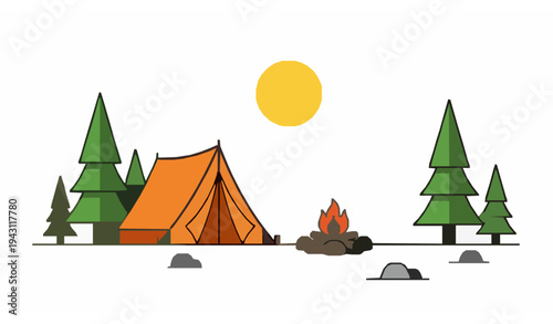 Minimal vector camping scene with pine trees and moon for outdoor adventure designs