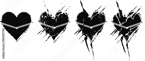 Black grunge hearts with stitched and splattered designs, abstract distressed love symbols set