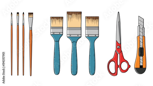 Set of art and craft supplies including various paintbrushes scissors and a utility knife on a white background.