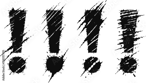 Grunge exclamation marks set hand drawn ink splatter punctuation symbols alert and emphasis design elements