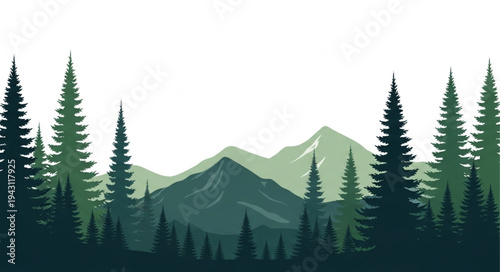 Mountain Landscape with Silhouetted Pine Trees.