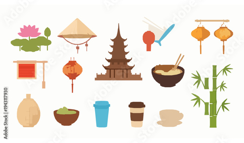 Flat Vietnam Tourism Icons Vector Collection with Cultural Travel Symbols