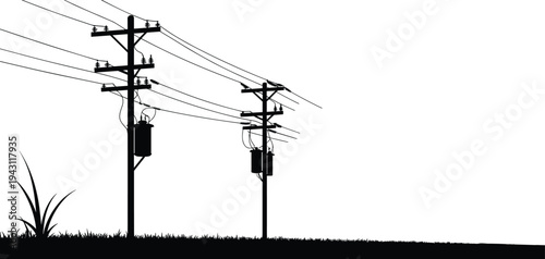 Electric Utility Poles Silhouette Landscape, Power Lines Transmission Infrastructure With Transformer Rural Energy Distribution Black And White Illustration