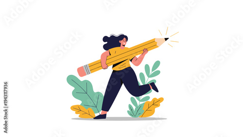 Illustration of a energetic girl running while carrying a giant yellow pencil representing creativity and ideas.