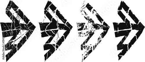 Grunge black arrows pointing right in a distressed textured directional symbols with rough worn effect
