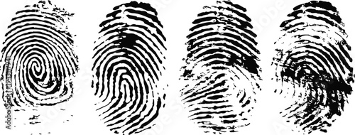 Set of black fingerprint patterns on white background unique identity, biometric security, forensic analysis concept