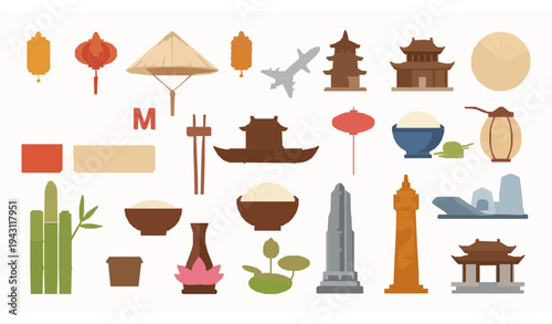 Vietnam Travel Icon Set Vector with Famous Culture and Tourism Symbols
