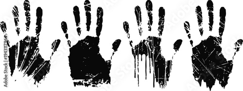 Black ink handprints with textured, distressed, and grunge effects on white background