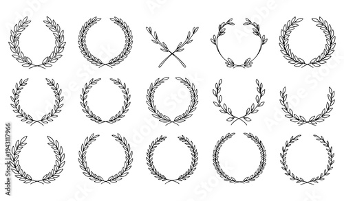 Single Line Laurel Wreath and Wedding Floral Frame Set Minimalist Vector Collection
