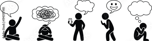 Stick Figure Icons Illustrating Thoughts and Emotions with Speech Bubbles symbol thought bubble