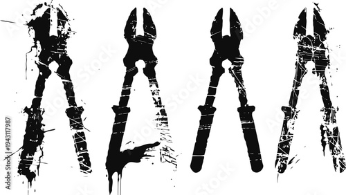 Grunge pliers silhouettes set of four tool icons with distressed texture in black handyman equipment design elements