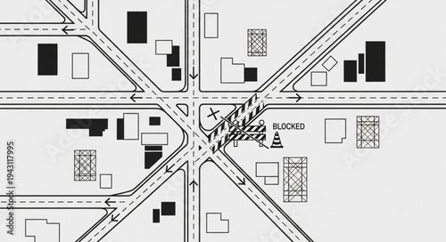 Detailed Road Intersection Map with Buildings and Traffic Flow.