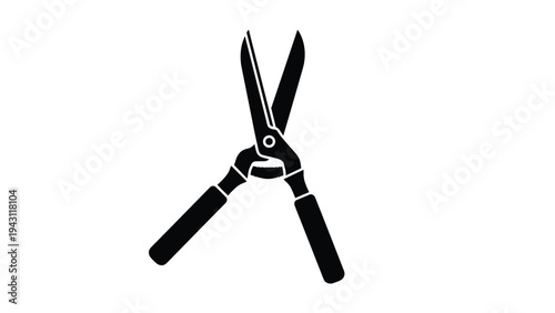 Solid black silhouette of a pair of large garden shears or pruning clippers used for trimming hedges and bushes in the yard.