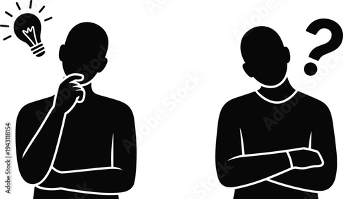 Two Silhouettes of People Thinking with Symbols of Ideas and Questions person lightbulb