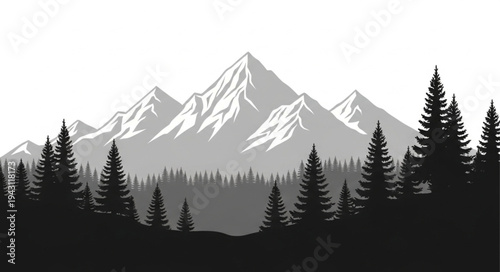 Mountain Landscape with Silhouetted Trees.