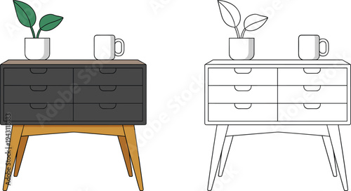 Modern wooden dresser cabinet vector illustration, bedroom storage furniture with plant and mug decor, outline and colored style, isolated background