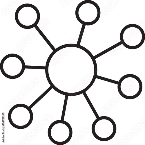 Decentralized network diagram with central hub and connected nodes representing distributed database system modern vector outline