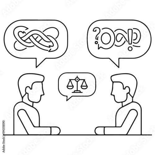 Two professional figures engaging in mediation and conflict resolution using speech bubbles to represent complex thoughts, confusion, and the search for balance or justice, minimalist line art.